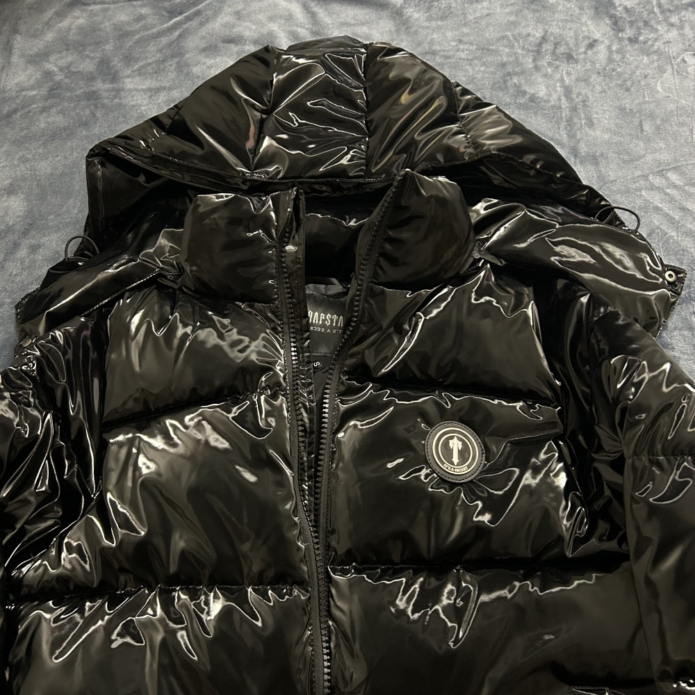 Trapstar Irongate Puffer Jacket - Manteau d'hiver noir brillant pour homme avec capuche amovible