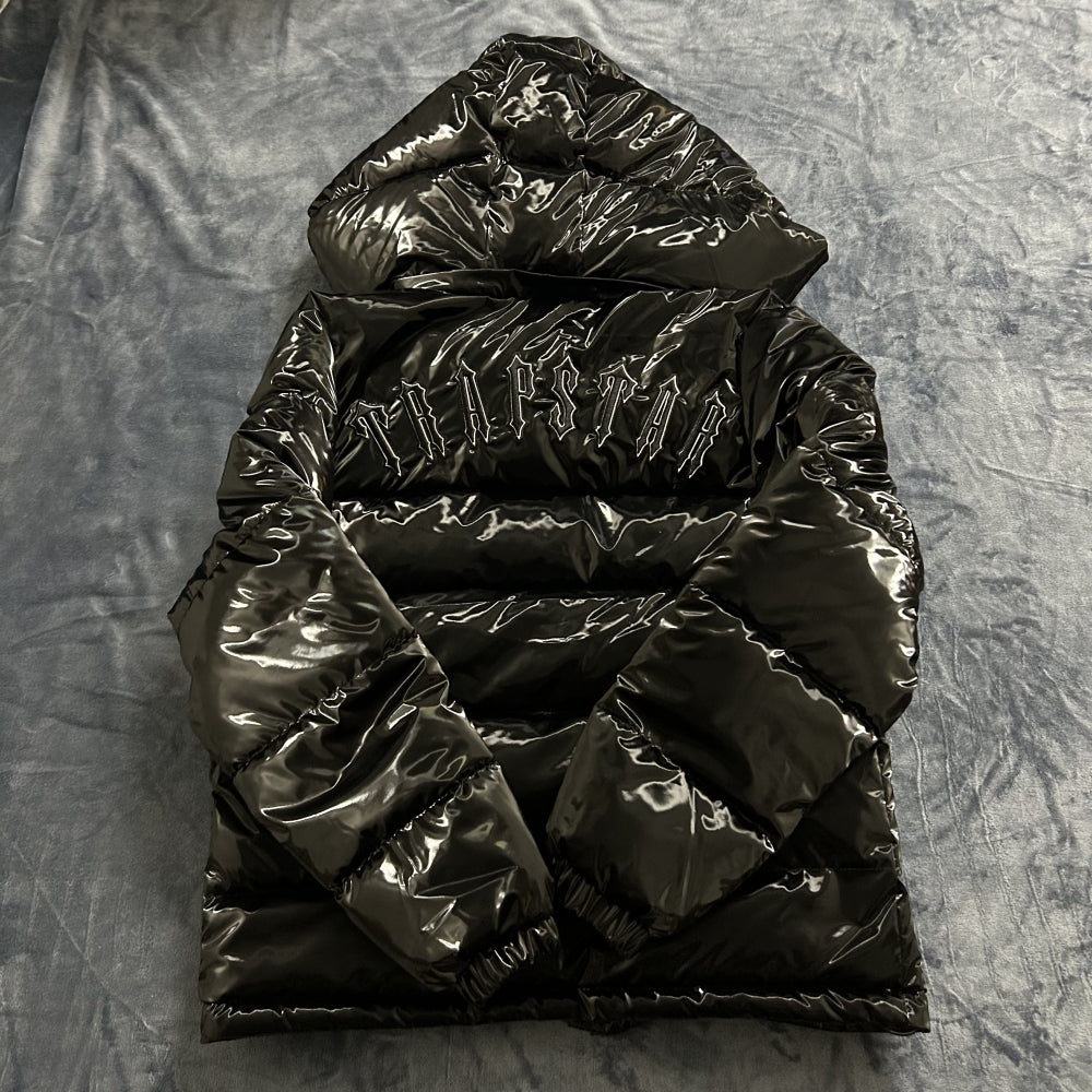 Trapstar Irongate Puffer Jacket - Men's Shiny Black Winter Coat with Detachable Hood