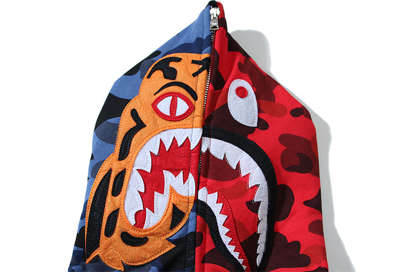 BAPE Color Camo Tiger Shark Half Full Zip Hoodie - Navy/Red