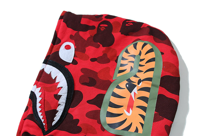 BAPE Color Camo Tiger Shark Half Full Zip Hoodie - Navy/Red