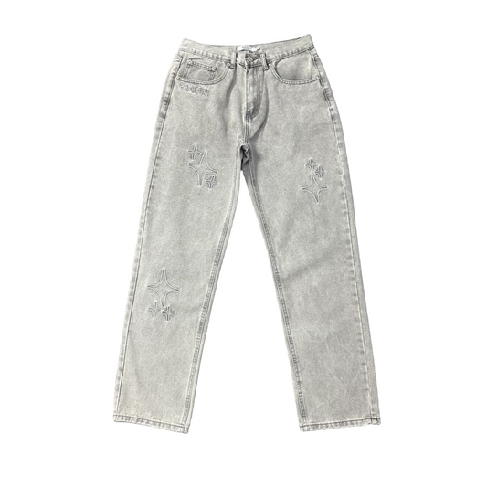 Broken Planet Men's Women's Jeans Star Print Trousers Streetwear Casual Straight Wide Leg Pants - Light Denim