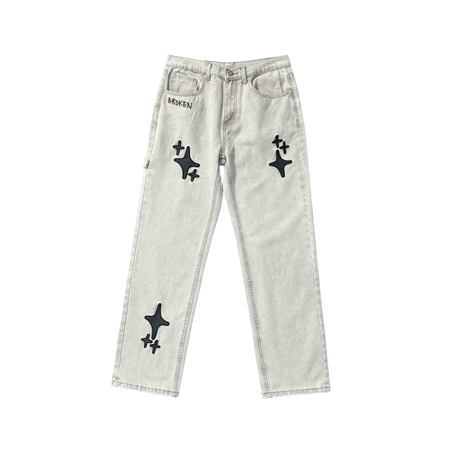 Broken Planet Jeans pour Hommes et Femmes Pantalons imprimés étoiles Streetwear Pantalons Droits Larges décontractés - Denim Clair