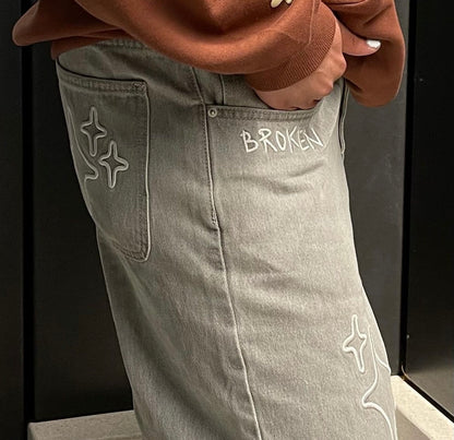 Broken Planet Men's Women's Jeans Star Print Trousers Streetwear Casual Straight Wide Leg Pants - Dark Denim