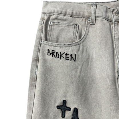 Broken Planet Jeans pour Hommes et Femmes Pantalons imprimés étoiles Streetwear Pantalons Droits à Jambes Larges décontractés - Denim Clair