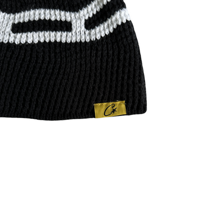 Corteiz Big Crochet Beanie Thick Rope Stair Knitting Warm Cap Cold Hat - Black