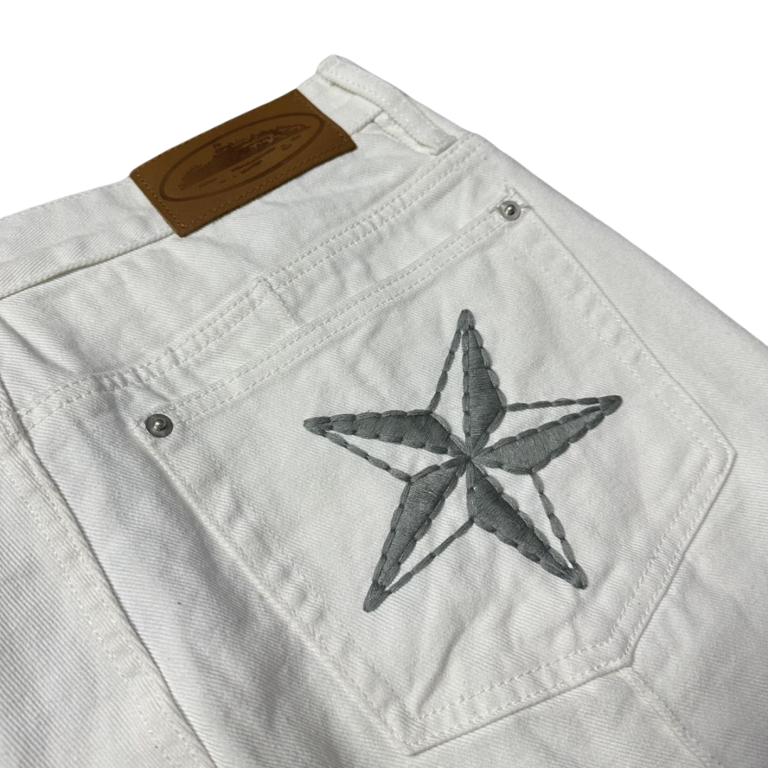 Corteiz C-Star Denim Shorts Men's Women's Unisex Jeans - White - Hipstersbuy