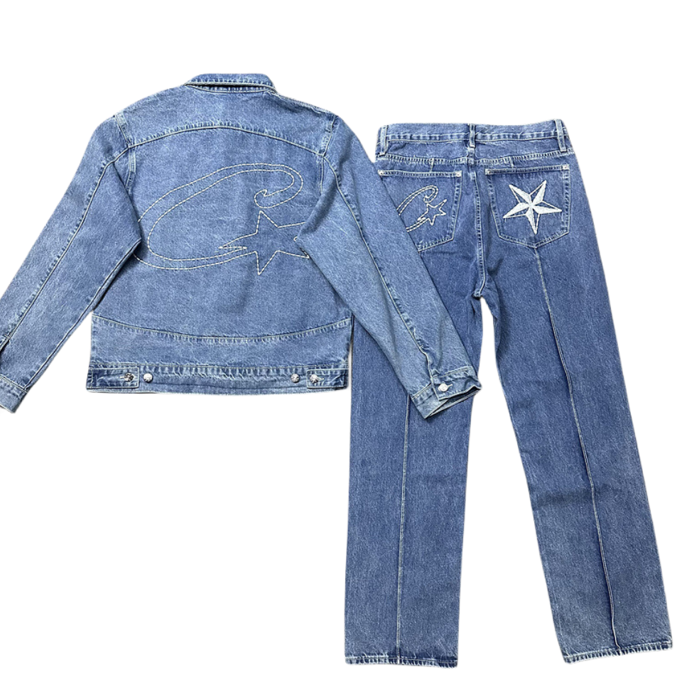 Corteiz C-Star Denim Trucker Jacket Et Survêtements En Jean - Bleu