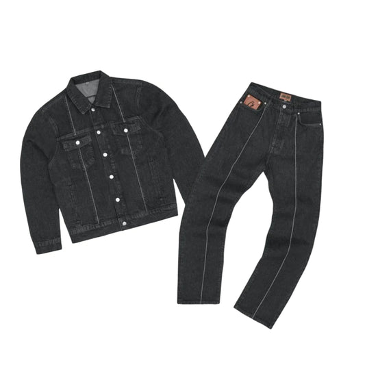Corteiz C-Star Stitch-Down Denim Trucker Jacket And Jeans Suit Tracksuits - Black