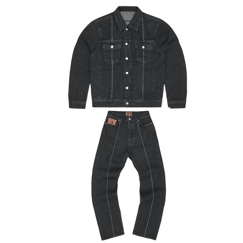 Corteiz C-Star Stitch-Down Denim Trucker Jacket And Jeans Suit Tracksuits - Black