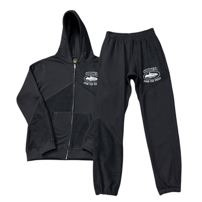 Corteiz Rules The World Alcatraz Hoodie And Jogging Tracksuit Superior V2 Zipper Set - BLACK