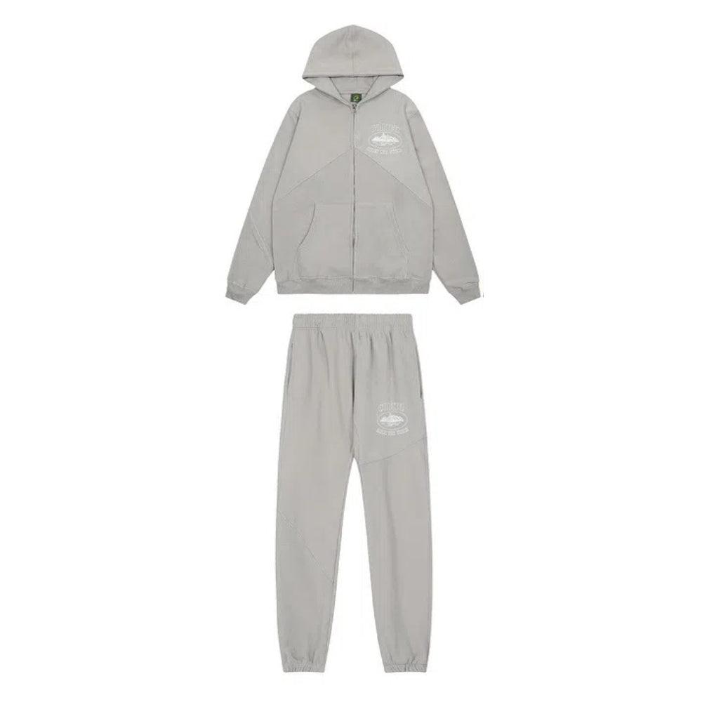 Corteiz Rules The World Alcatraz Hoodie And Jogging Tracksuit Superior V2 Zipper Set - GREY