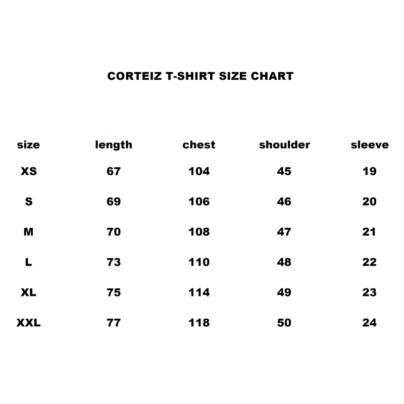 Corteiz Narnia rip Tee size chart