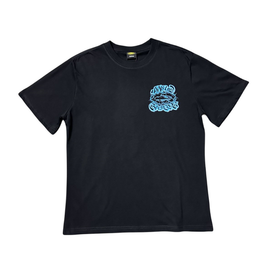 Corteiz X Gazo Alcatraz T-shirt Graffiti Gothic Text Tee - Noir/Bleu