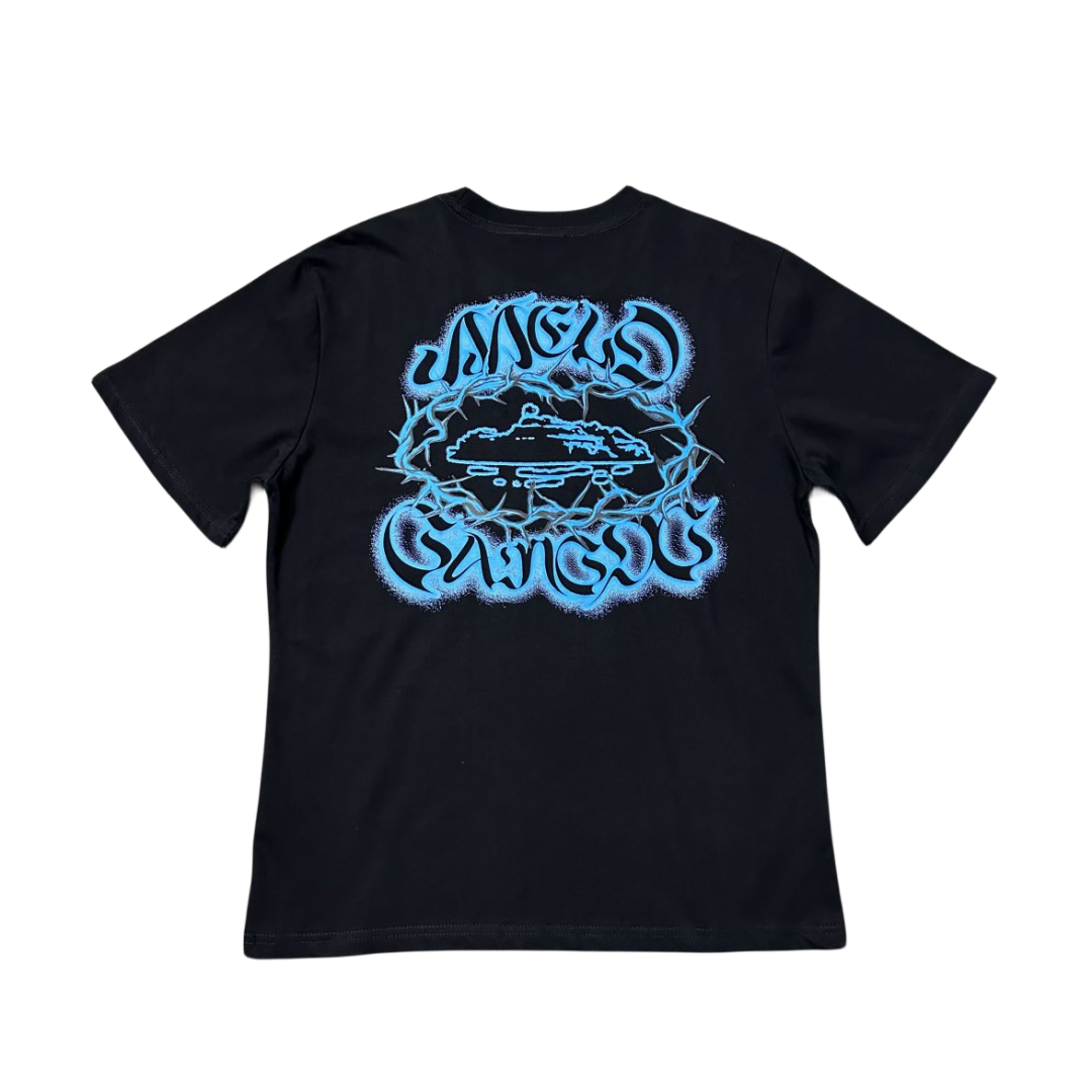 Corteiz X Gazo Alcatraz T shirt Graffiti Gothic Text Tee - Black/Blue