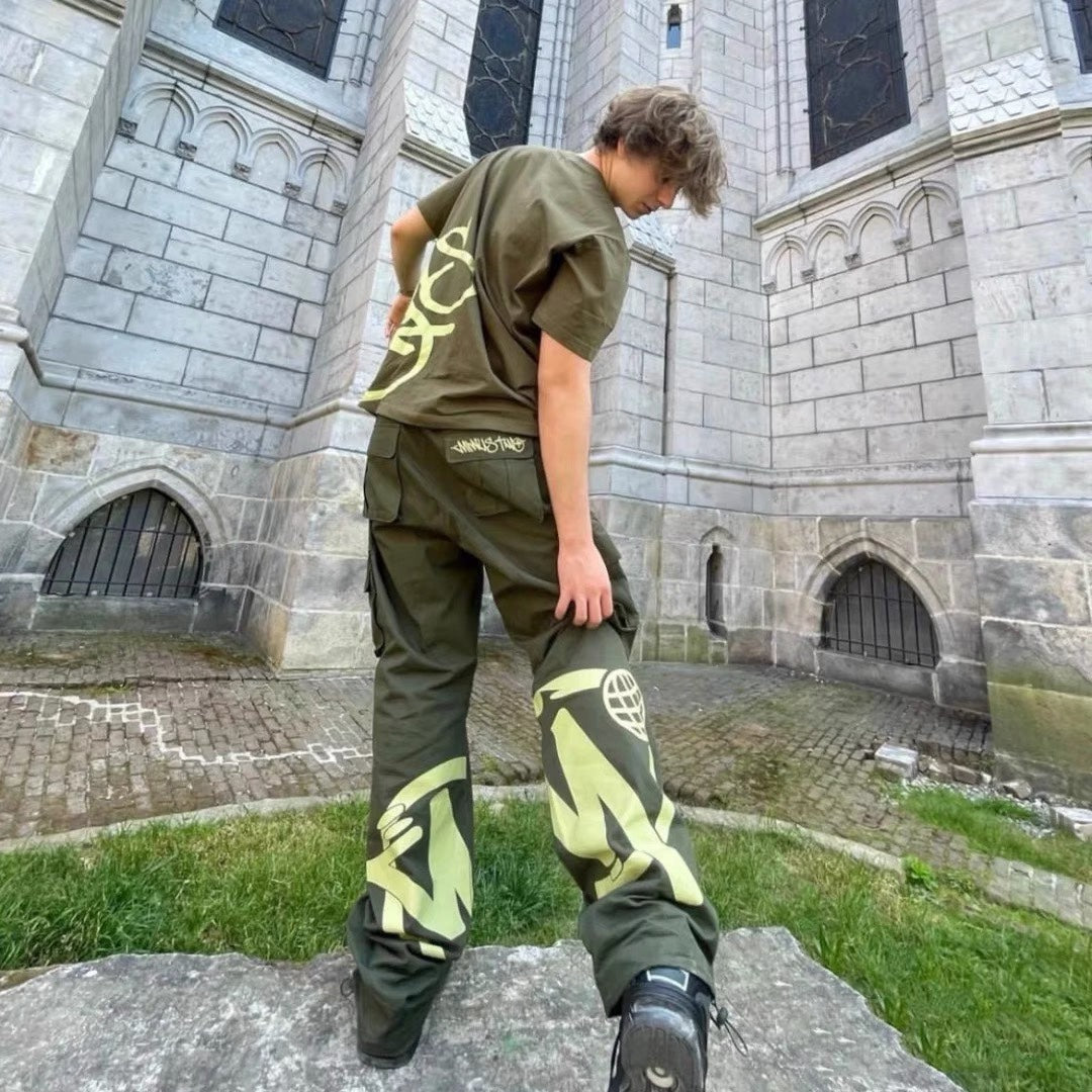 Minus Two Cargo Pants Y2K Streetwear Overalls Jeans Long Joggers Trousers - Green