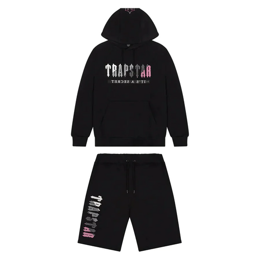 Trapstar Chenille Decoded Hoodie Short Set - BLACK/PINK