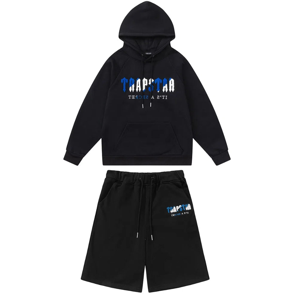 Trapstar Chenille Decoded Hoodie Short Set Hoodie And Pants- BLACK/DAZZLING BLUE