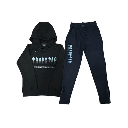 Trapstar Chenille Decoded 2.0 Tracksuit Streetwear Hoodie And Pants Set - Black/Ice blue