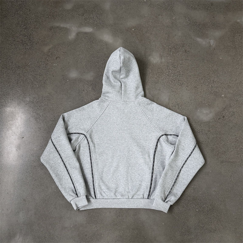 Back flat-lay photo of the same grey Mertra Piping hoodie showing rear seam lines and contrast piping